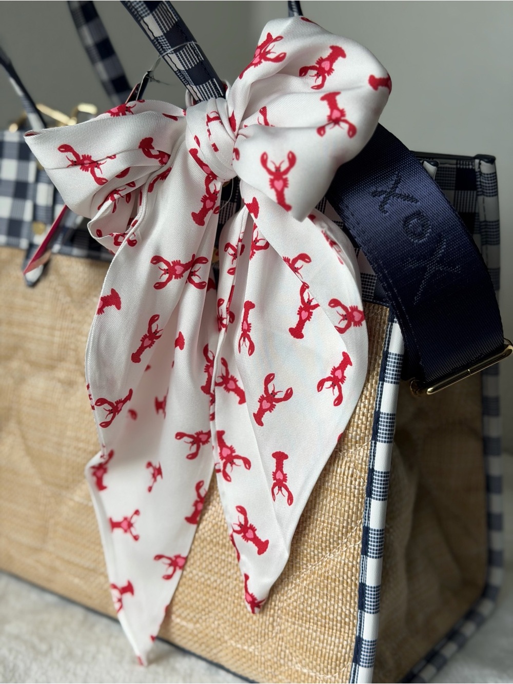Betsey Johnson Navy blue Gingham quilted heart Straw Tote lobster scarf - Picture 3 of 11